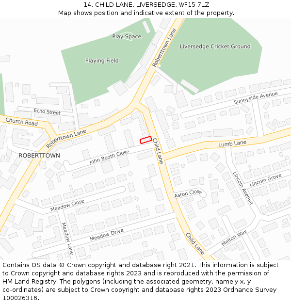 14, CHILD LANE, LIVERSEDGE, WF15 7LZ: Location map and indicative extent of plot