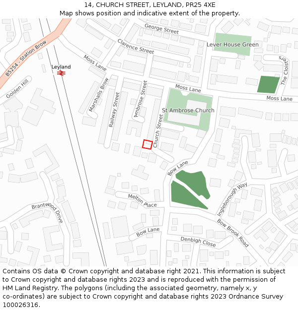 14, CHURCH STREET, LEYLAND, PR25 4XE: Location map and indicative extent of plot