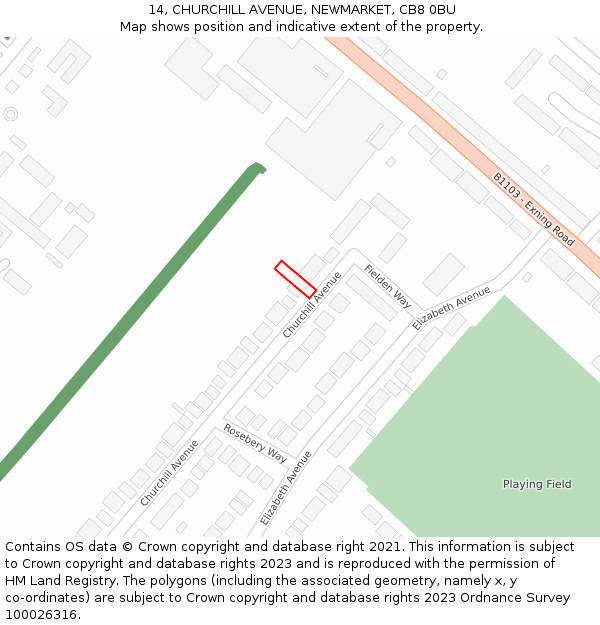 14, CHURCHILL AVENUE, NEWMARKET, CB8 0BU: Location map and indicative extent of plot