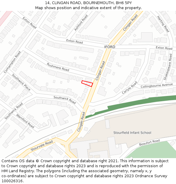 14, CLINGAN ROAD, BOURNEMOUTH, BH6 5PY: Location map and indicative extent of plot