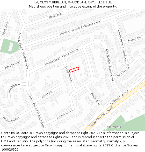14, CLOS Y BERLLAN, RHUDDLAN, RHYL, LL18 2UL: Location map and indicative extent of plot