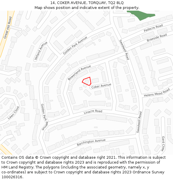 14, COKER AVENUE, TORQUAY, TQ2 8LQ: Location map and indicative extent of plot