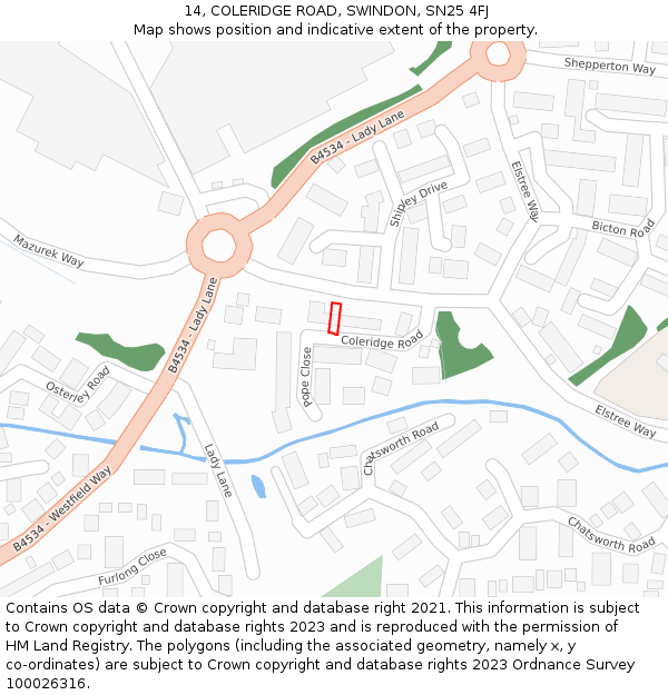 14, COLERIDGE ROAD, SWINDON, SN25 4FJ: Location map and indicative extent of plot