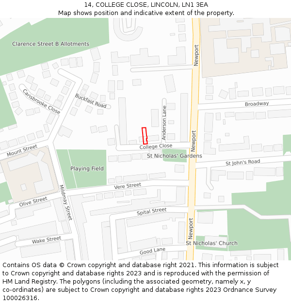 14, COLLEGE CLOSE, LINCOLN, LN1 3EA: Location map and indicative extent of plot
