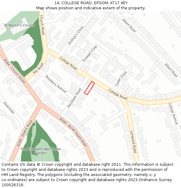 14, COLLEGE ROAD, EPSOM, KT17 4EY: Location map and indicative extent of plot