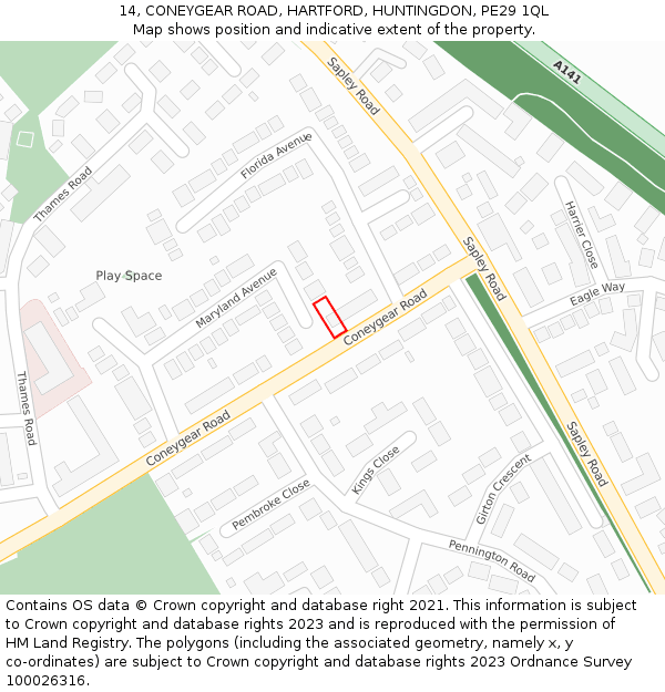 14, CONEYGEAR ROAD, HARTFORD, HUNTINGDON, PE29 1QL: Location map and indicative extent of plot