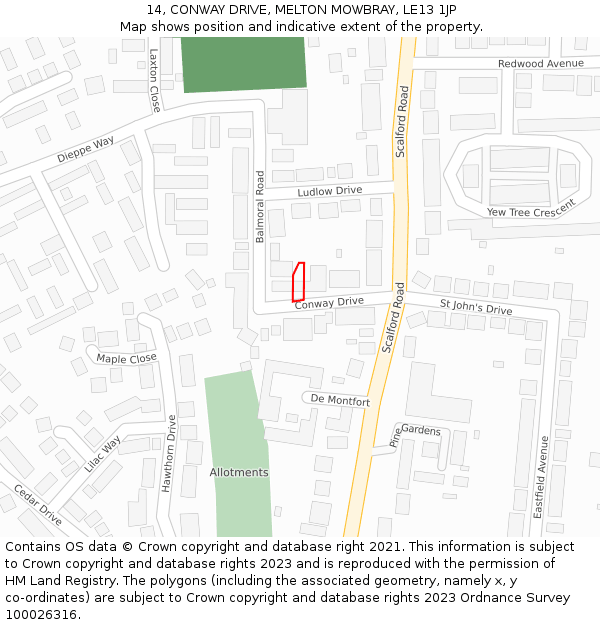 14, CONWAY DRIVE, MELTON MOWBRAY, LE13 1JP: Location map and indicative extent of plot