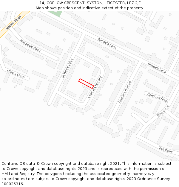 14, COPLOW CRESCENT, SYSTON, LEICESTER, LE7 2JE: Location map and indicative extent of plot