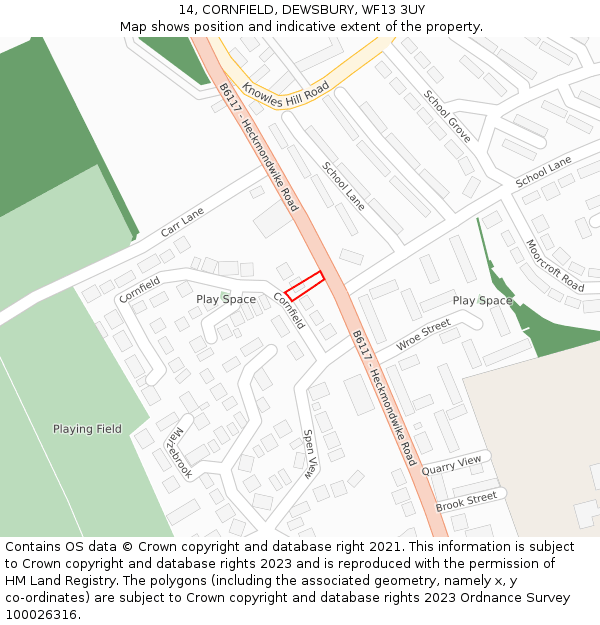14, CORNFIELD, DEWSBURY, WF13 3UY: Location map and indicative extent of plot