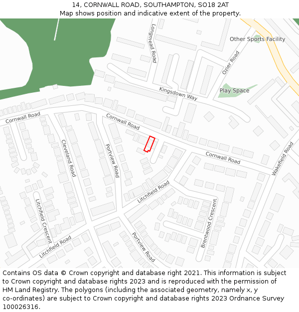 14, CORNWALL ROAD, SOUTHAMPTON, SO18 2AT: Location map and indicative extent of plot