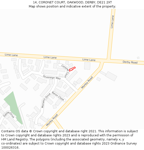 14, CORONET COURT, OAKWOOD, DERBY, DE21 2XT: Location map and indicative extent of plot