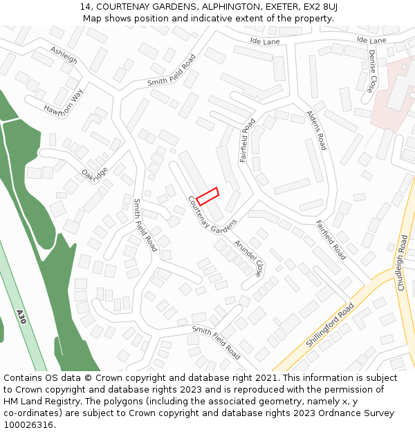 14, COURTENAY GARDENS, ALPHINGTON, EXETER, EX2 8UJ: Location map and indicative extent of plot