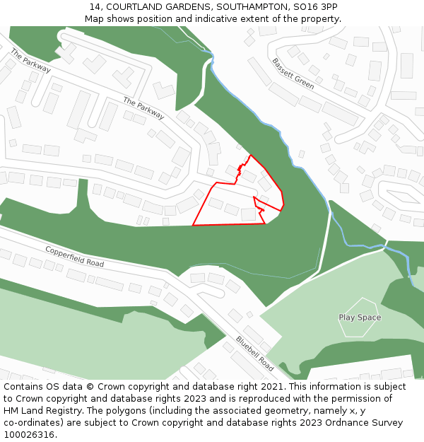 14, COURTLAND GARDENS, SOUTHAMPTON, SO16 3PP: Location map and indicative extent of plot