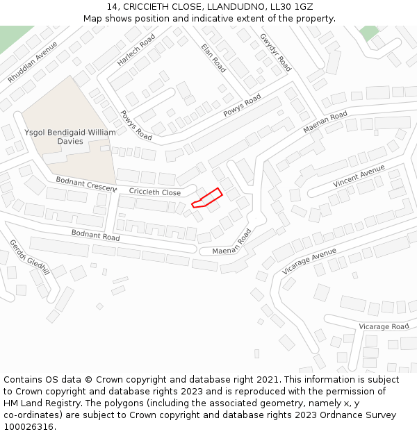14, CRICCIETH CLOSE, LLANDUDNO, LL30 1GZ: Location map and indicative extent of plot