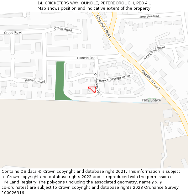14, CRICKETERS WAY, OUNDLE, PETERBOROUGH, PE8 4JU: Location map and indicative extent of plot