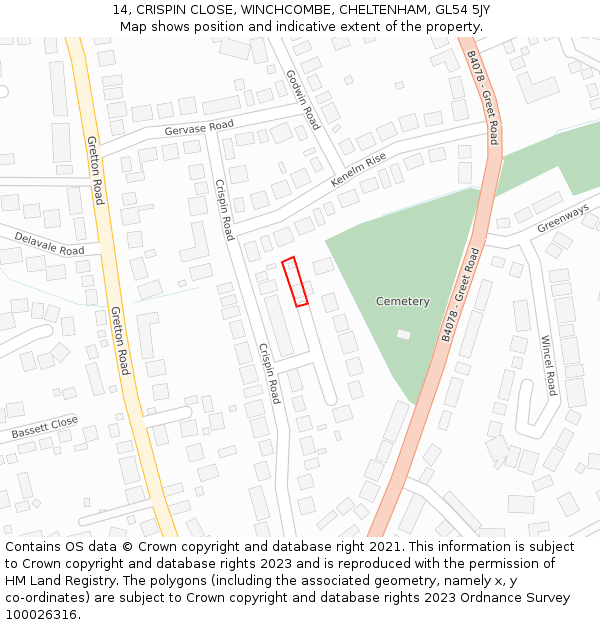 14, CRISPIN CLOSE, WINCHCOMBE, CHELTENHAM, GL54 5JY: Location map and indicative extent of plot