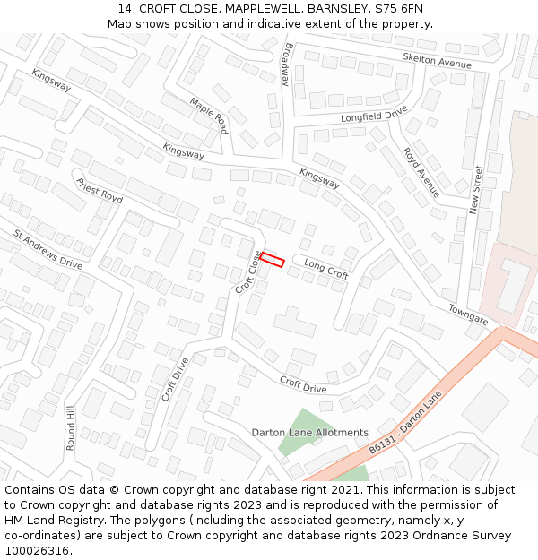 14, CROFT CLOSE, MAPPLEWELL, BARNSLEY, S75 6FN: Location map and indicative extent of plot
