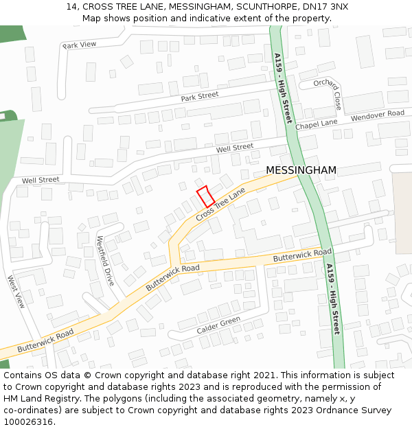 14, CROSS TREE LANE, MESSINGHAM, SCUNTHORPE, DN17 3NX: Location map and indicative extent of plot
