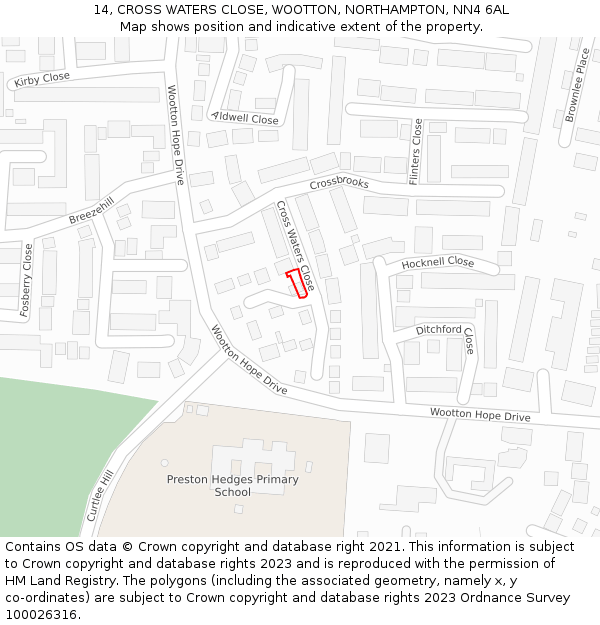 14, CROSS WATERS CLOSE, WOOTTON, NORTHAMPTON, NN4 6AL: Location map and indicative extent of plot