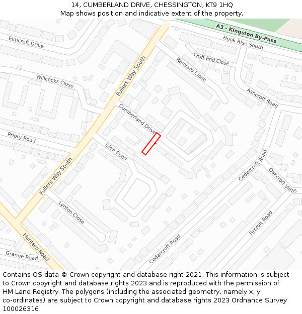 14, CUMBERLAND DRIVE, CHESSINGTON, KT9 1HQ: Location map and indicative extent of plot