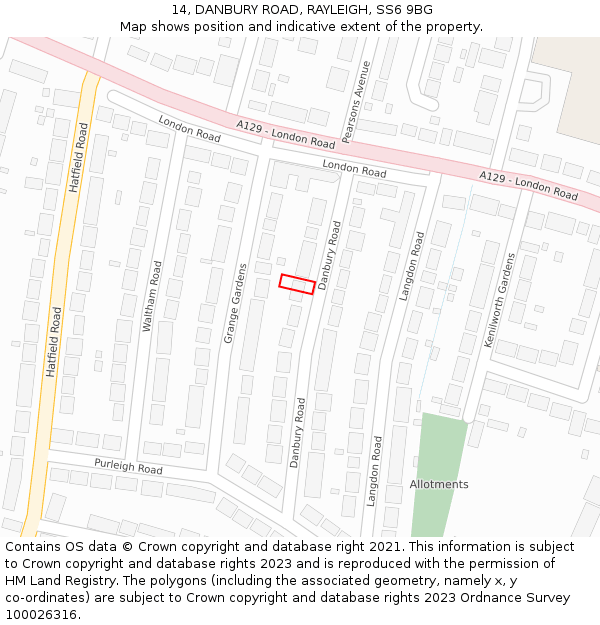 14, DANBURY ROAD, RAYLEIGH, SS6 9BG: Location map and indicative extent of plot
