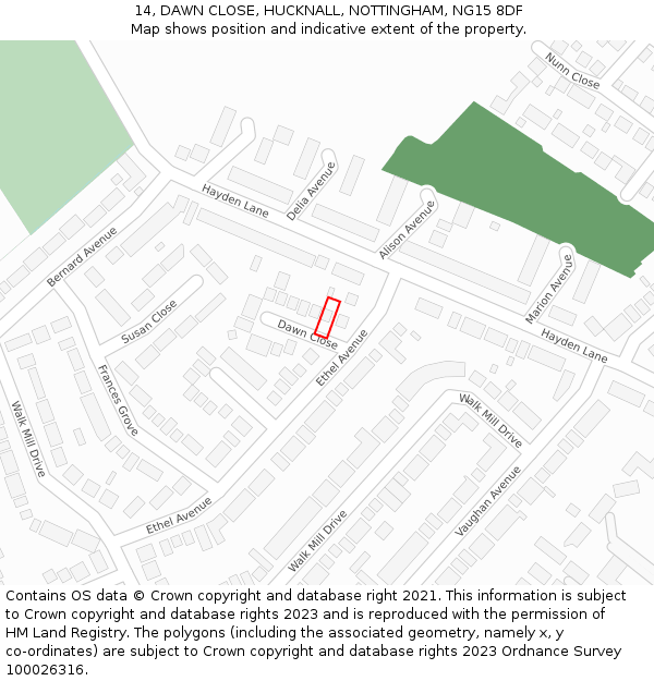 14, DAWN CLOSE, HUCKNALL, NOTTINGHAM, NG15 8DF: Location map and indicative extent of plot