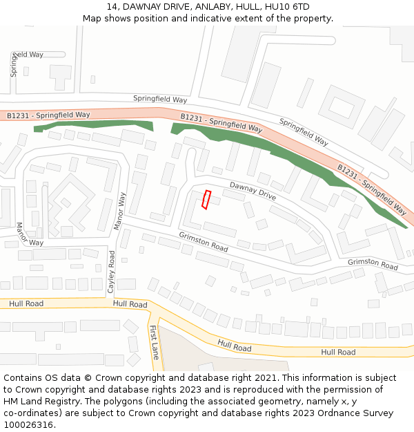 14, DAWNAY DRIVE, ANLABY, HULL, HU10 6TD: Location map and indicative extent of plot