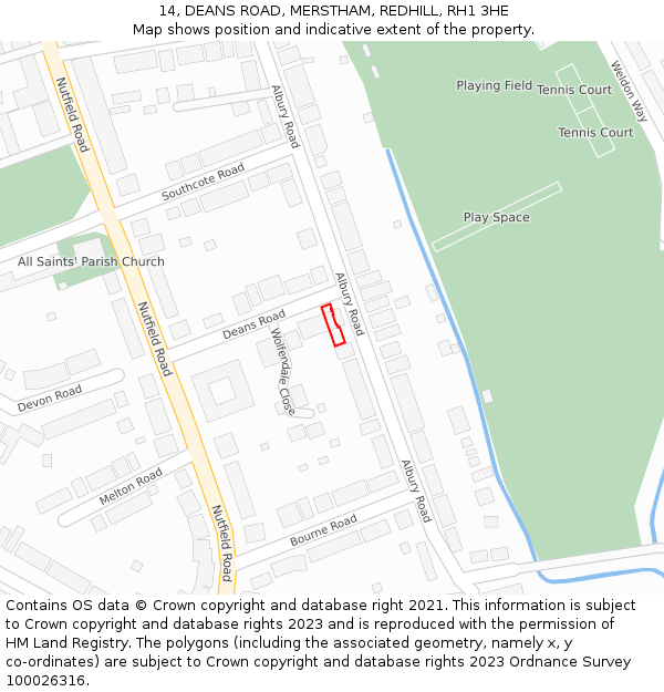 14, DEANS ROAD, MERSTHAM, REDHILL, RH1 3HE: Location map and indicative extent of plot