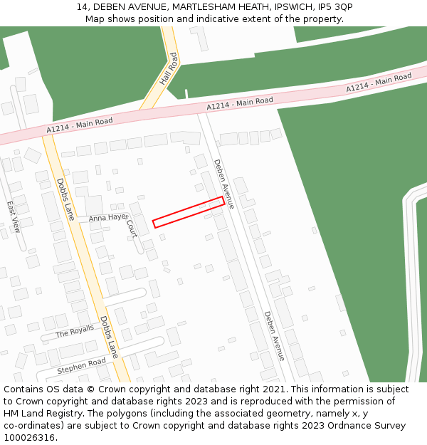 14, DEBEN AVENUE, MARTLESHAM HEATH, IPSWICH, IP5 3QP: Location map and indicative extent of plot