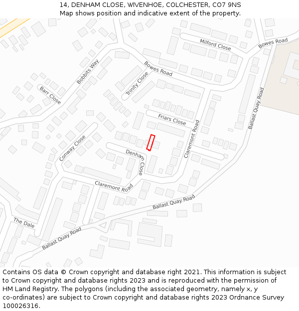 14, DENHAM CLOSE, WIVENHOE, COLCHESTER, CO7 9NS: Location map and indicative extent of plot