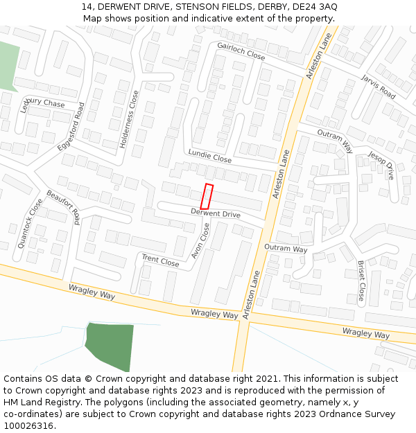14, DERWENT DRIVE, STENSON FIELDS, DERBY, DE24 3AQ: Location map and indicative extent of plot