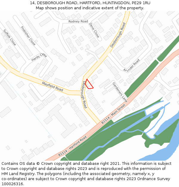 14, DESBOROUGH ROAD, HARTFORD, HUNTINGDON, PE29 1RU: Location map and indicative extent of plot