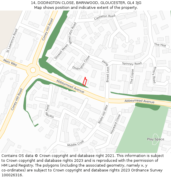 14, DODINGTON CLOSE, BARNWOOD, GLOUCESTER, GL4 3JG: Location map and indicative extent of plot