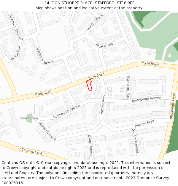 14, DONISTHORPE PLACE, STAFFORD, ST18 0EE: Location map and indicative extent of plot
