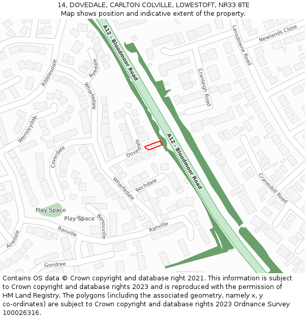 14, DOVEDALE, CARLTON COLVILLE, LOWESTOFT, NR33 8TE: Location map and indicative extent of plot