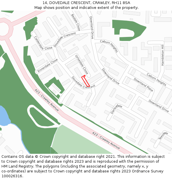 14, DOVEDALE CRESCENT, CRAWLEY, RH11 8SA: Location map and indicative extent of plot