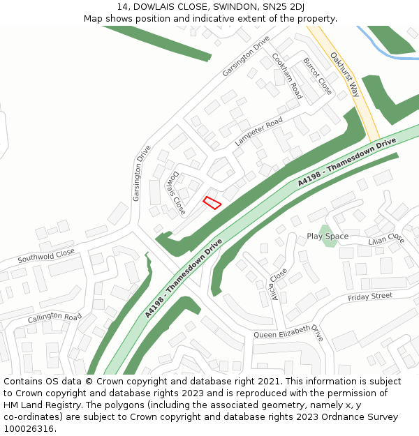 14, DOWLAIS CLOSE, SWINDON, SN25 2DJ: Location map and indicative extent of plot