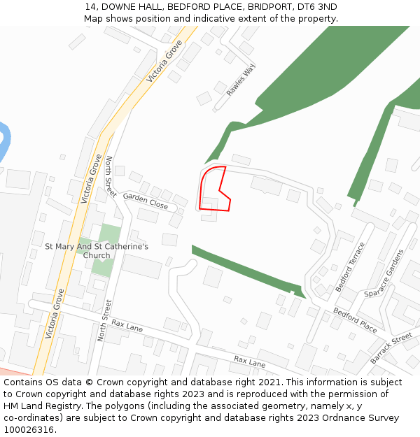 14, DOWNE HALL, BEDFORD PLACE, BRIDPORT, DT6 3ND: Location map and indicative extent of plot