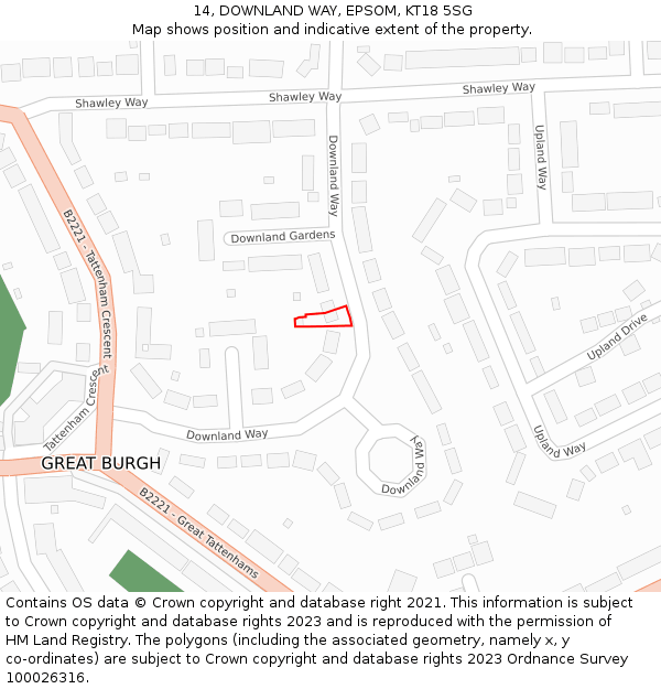 14, DOWNLAND WAY, EPSOM, KT18 5SG: Location map and indicative extent of plot