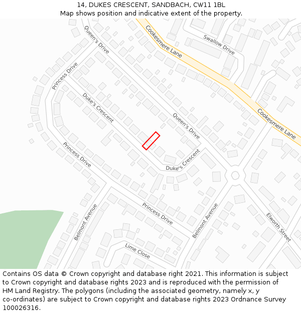 14, DUKES CRESCENT, SANDBACH, CW11 1BL: Location map and indicative extent of plot
