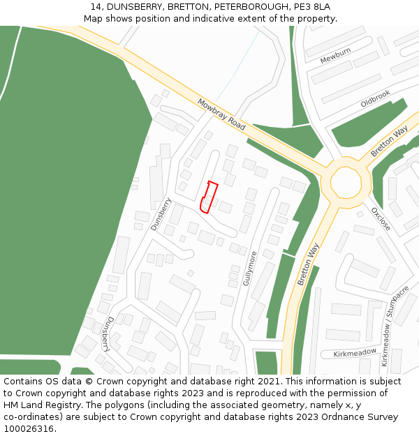 14, DUNSBERRY, BRETTON, PETERBOROUGH, PE3 8LA: Location map and indicative extent of plot