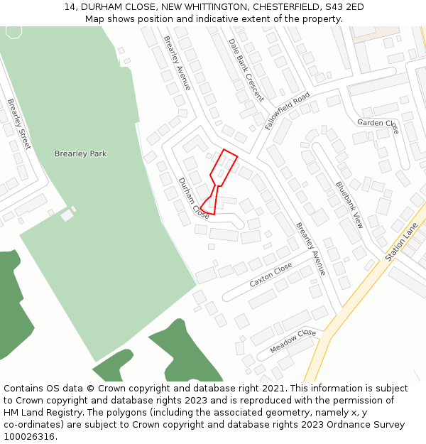 14, DURHAM CLOSE, NEW WHITTINGTON, CHESTERFIELD, S43 2ED: Location map and indicative extent of plot