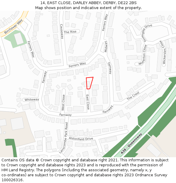 14, EAST CLOSE, DARLEY ABBEY, DERBY, DE22 2BS: Location map and indicative extent of plot