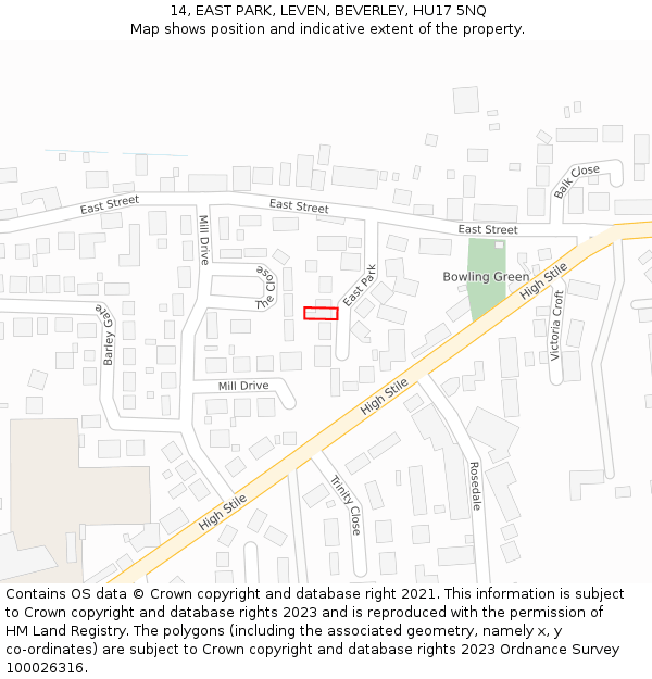 14, EAST PARK, LEVEN, BEVERLEY, HU17 5NQ: Location map and indicative extent of plot