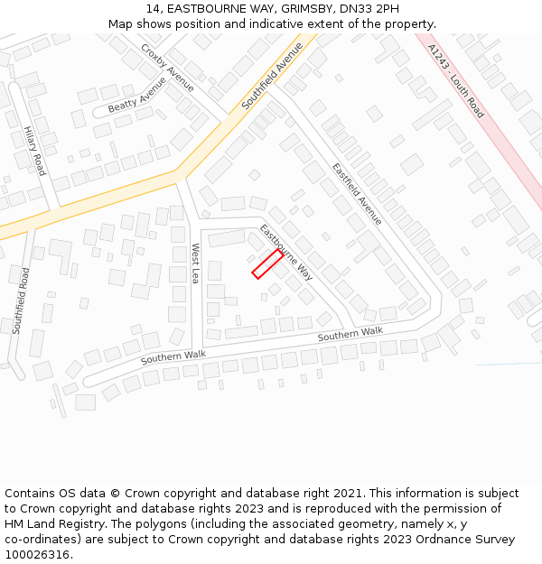 14, EASTBOURNE WAY, GRIMSBY, DN33 2PH: Location map and indicative extent of plot