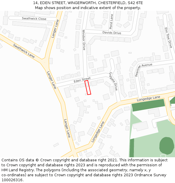14, EDEN STREET, WINGERWORTH, CHESTERFIELD, S42 6TE: Location map and indicative extent of plot