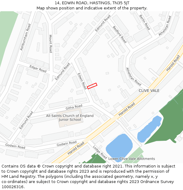 14, EDWIN ROAD, HASTINGS, TN35 5JT: Location map and indicative extent of plot