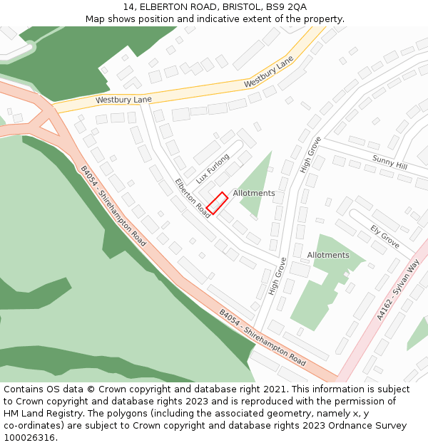 14, ELBERTON ROAD, BRISTOL, BS9 2QA: Location map and indicative extent of plot