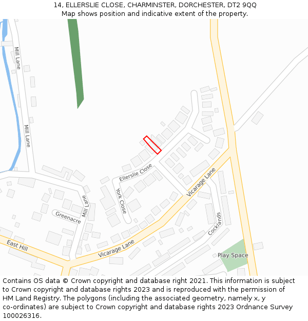14, ELLERSLIE CLOSE, CHARMINSTER, DORCHESTER, DT2 9QQ: Location map and indicative extent of plot
