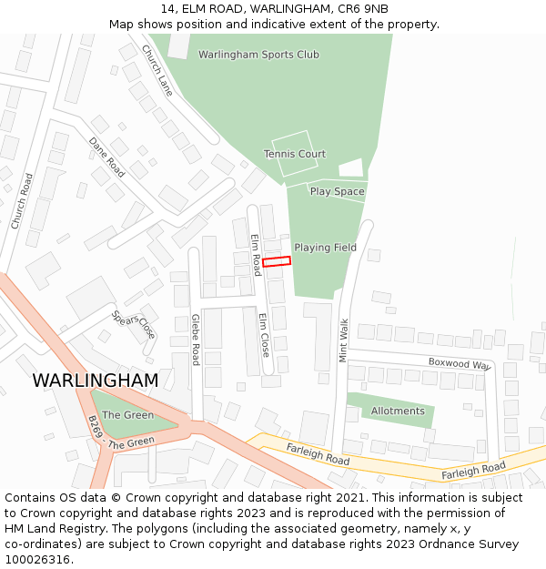 14, ELM ROAD, WARLINGHAM, CR6 9NB: Location map and indicative extent of plot